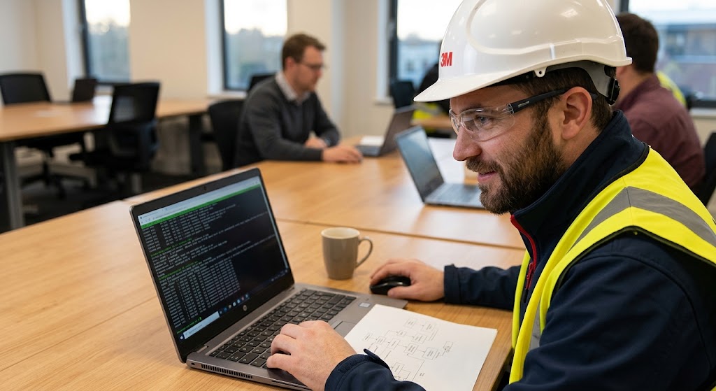 Practitioner in hard hat and safety vest analyzing systems on laptop